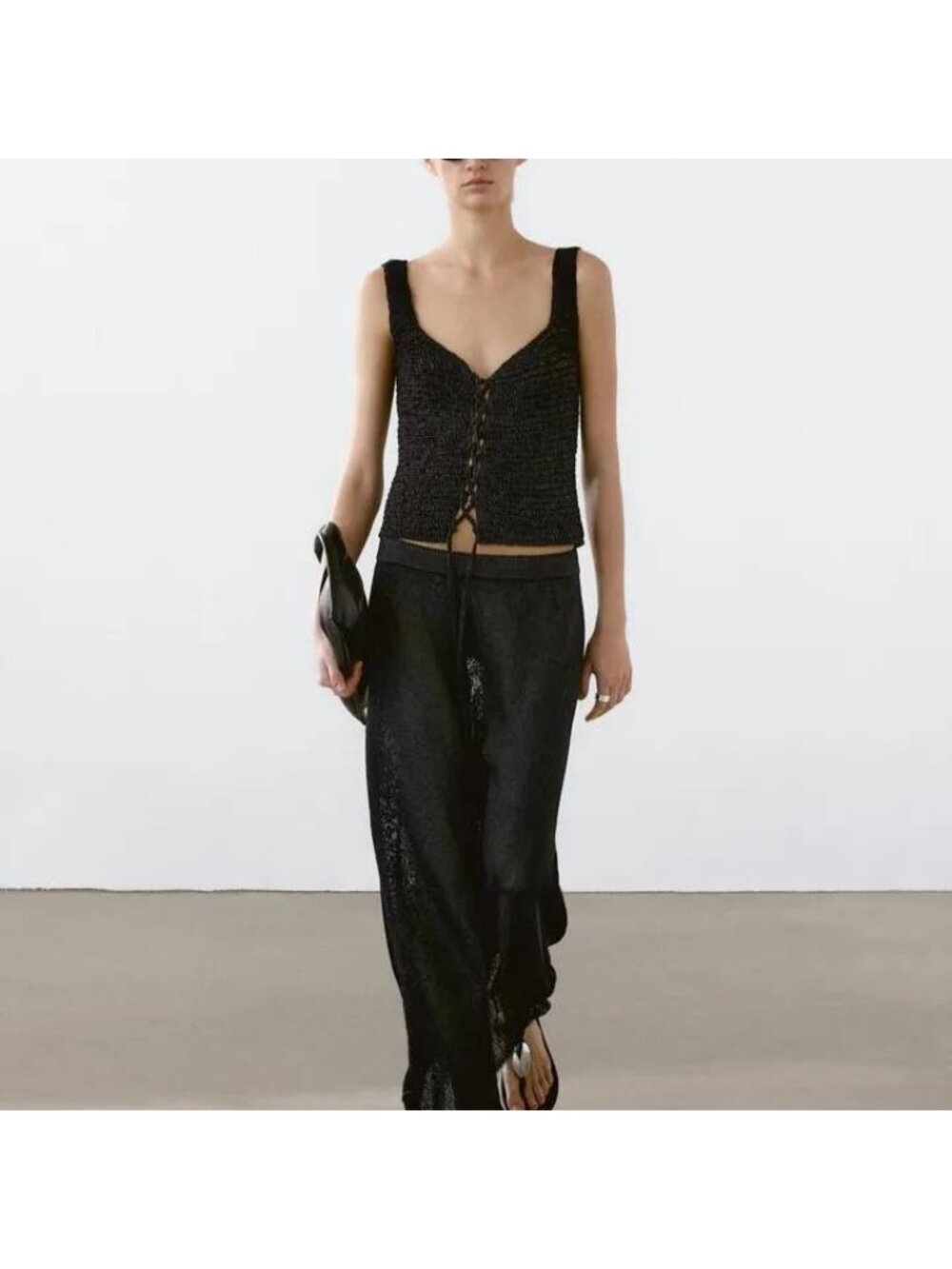 Massimo Dutti Black Knit Midi Skirt Large Elastic Waist Semi Sheer 5270/724 NWT